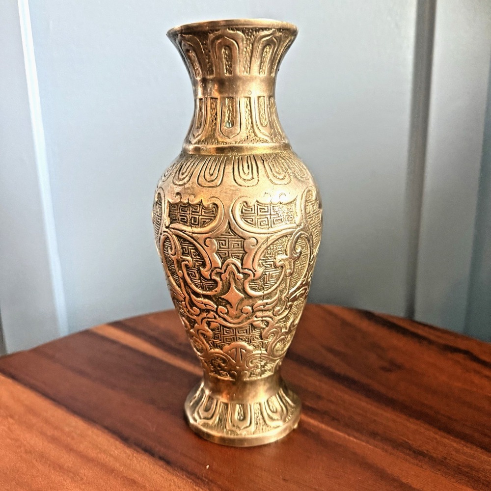 Heavy‎ Cast Brass Asian Inspired Sculptural Vase Form Open Bottom 9"